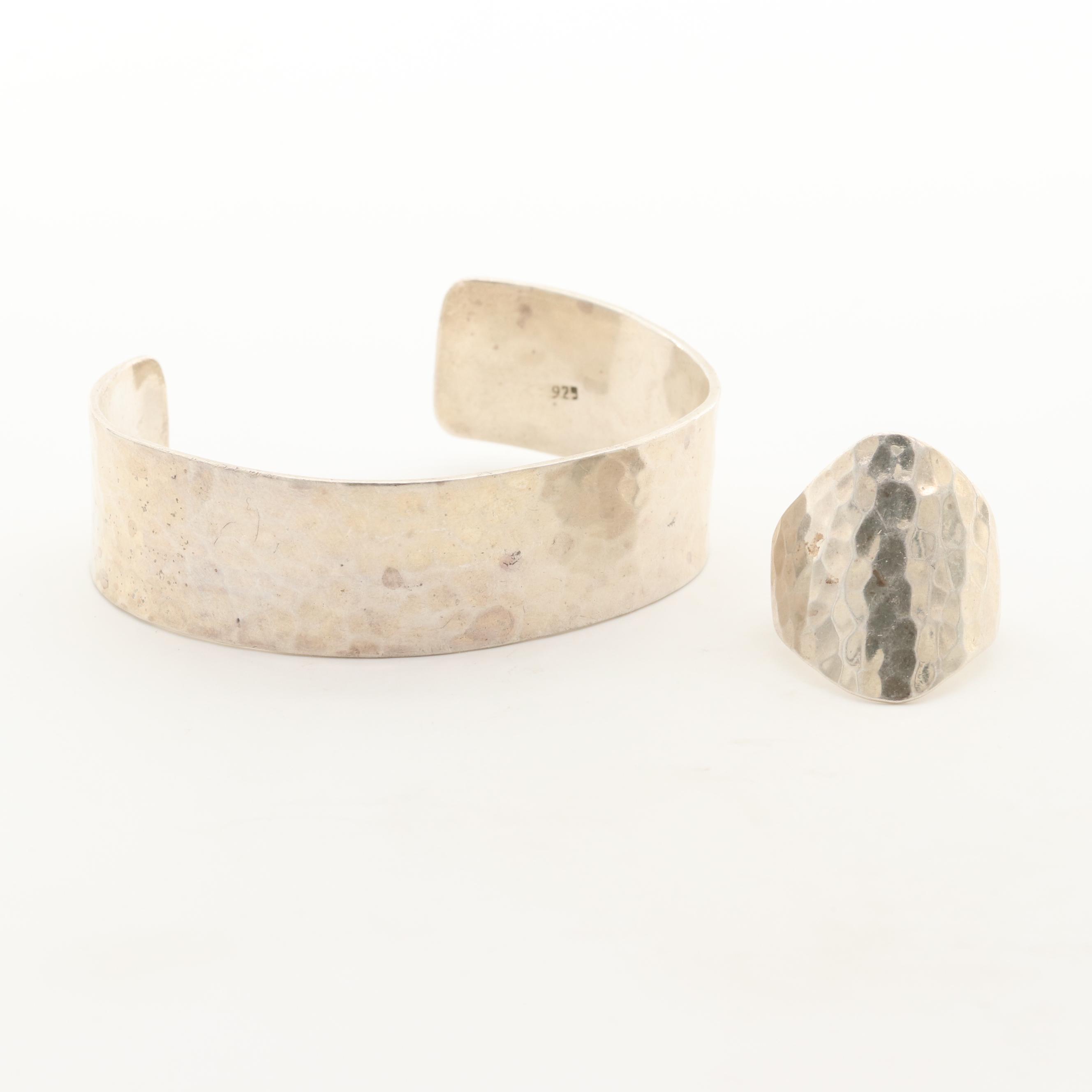 Sterling Silver Hammered Texture Bracelet and Ring Set