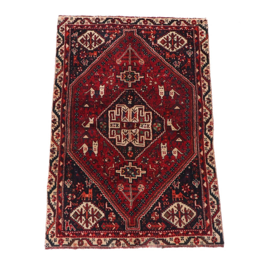 Hand-Knotted Qashqai Shiraz Pictorial Wool Rug