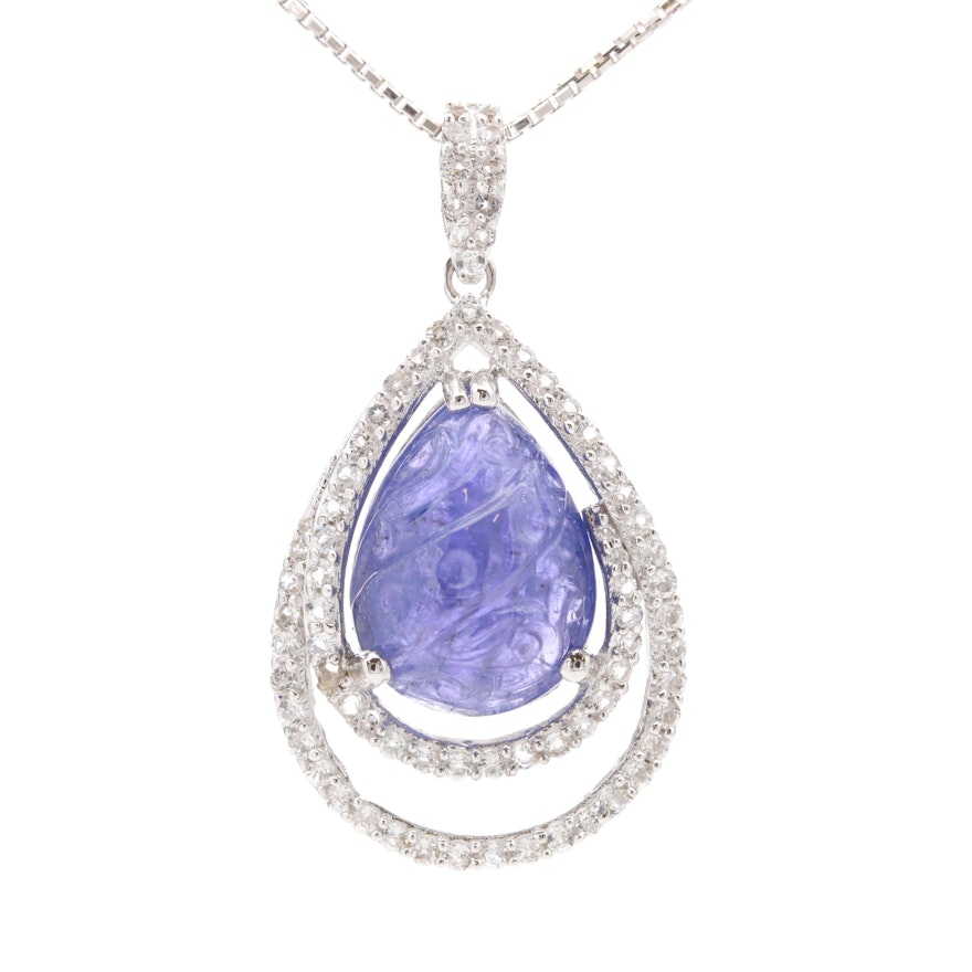 Sterling Silver Carved Tanzanite and White Topaz Teardrop Pendant Necklace