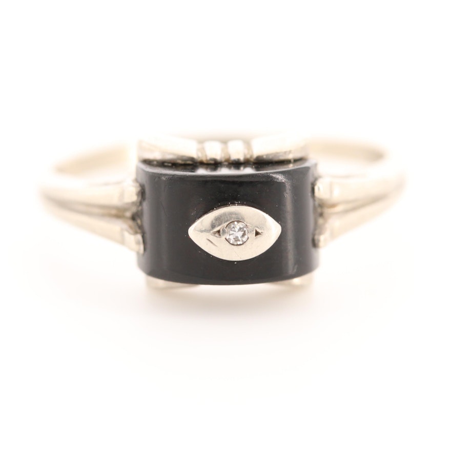 10K White Gold Black Onyx Ring with Diamond Accent