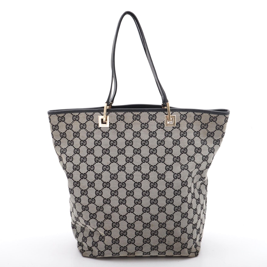 Gucci GG Monogram Canvas Tote Trimmed in Black Leather, Vintage