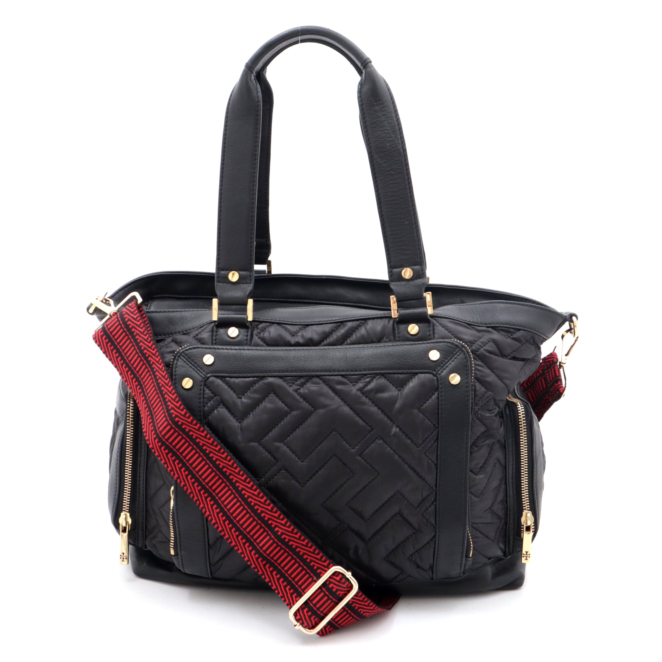 Tory Burch Black Leather and Quilted Nylon Crossbody Satchel with Shoulder Strap