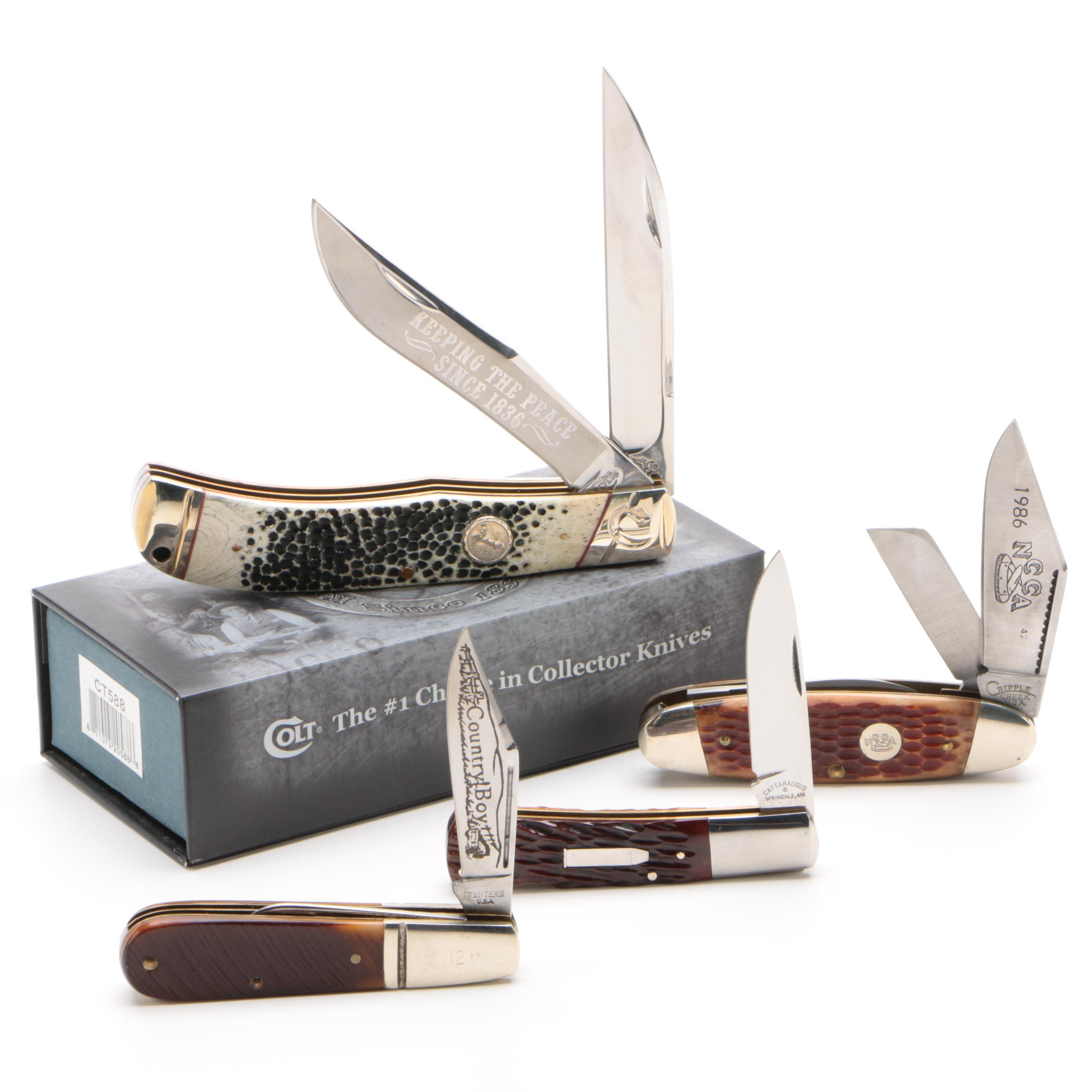 Bone Handled Folding Knives Including Colt "Buckshot Bone" Knife