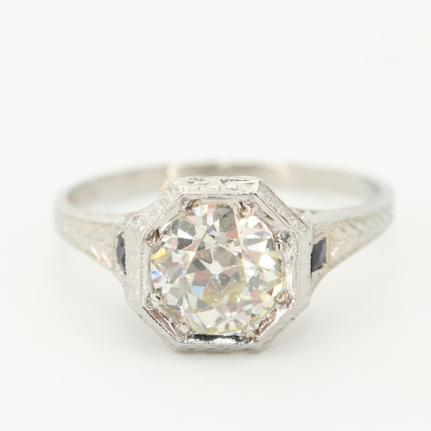 Belais Art Deco 18K White Gold Diamond and Blue Sapphire Ring