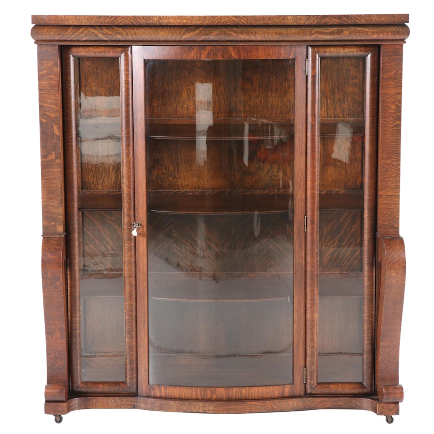 American Empire Tiger Oak China Cabinet, Early 20th Century