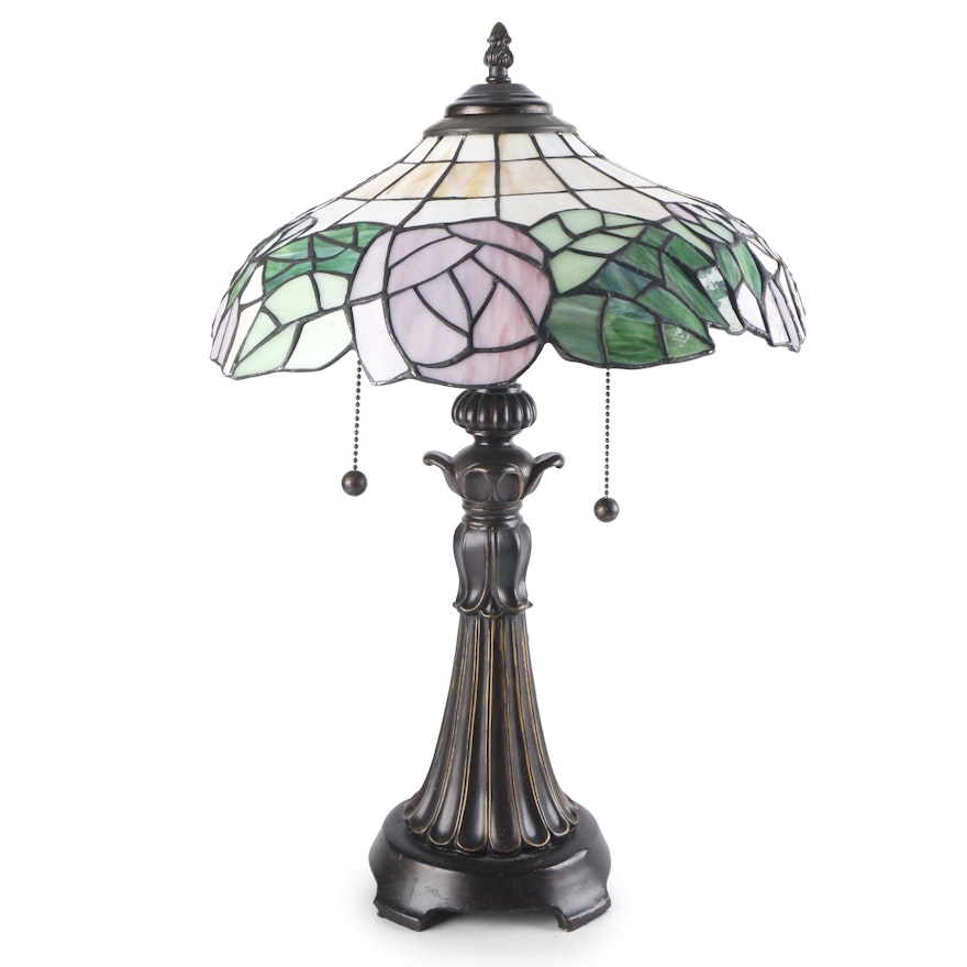 Cast Metal Table Lamp with Slag Glass Shade, Contemporary