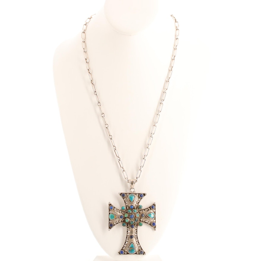 Southwestern Sterling Silver Turquoise and Lapis Lazuli Cross Pendant Necklace