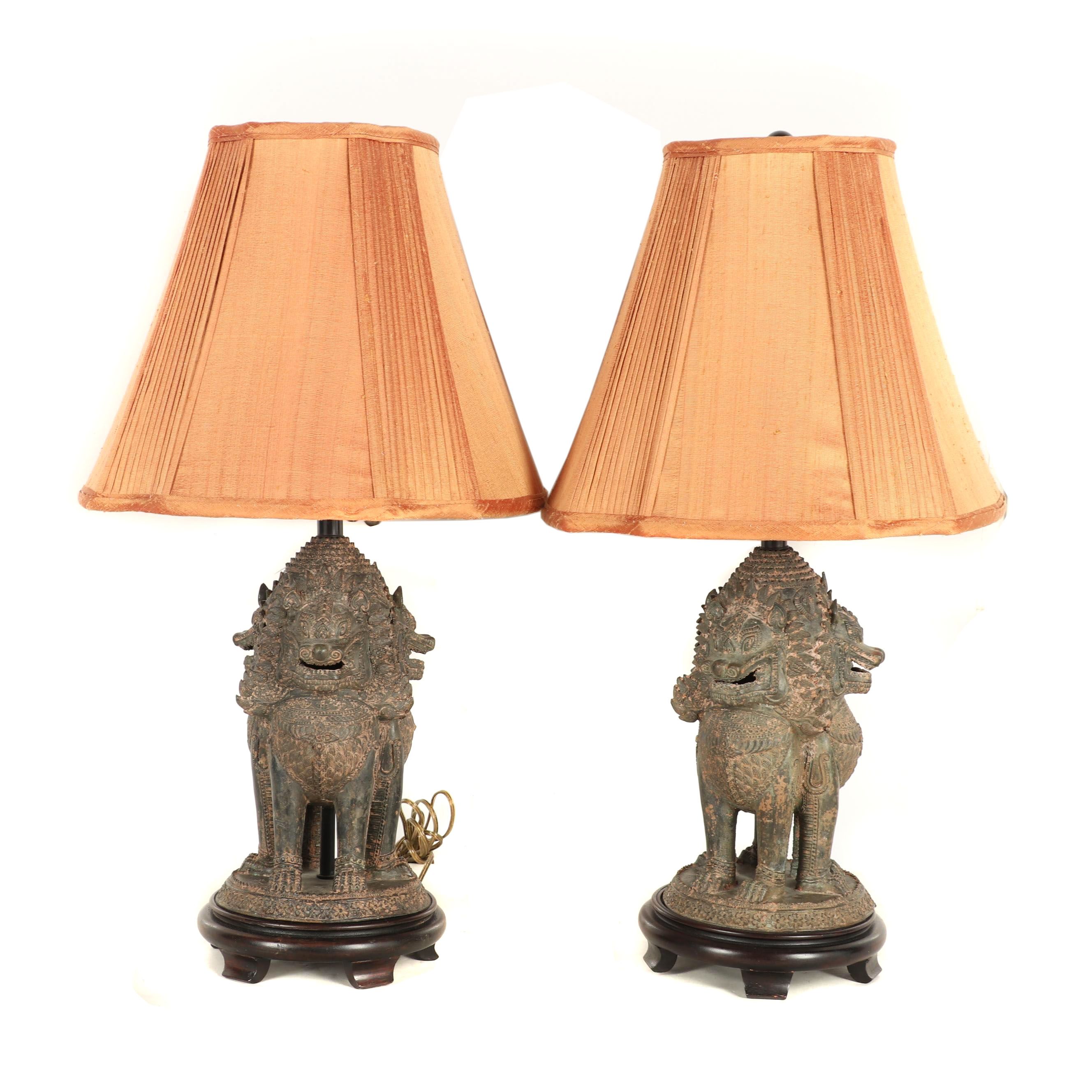 Thai Bronze Singha Guardian Lion Table Lamps with Silk Shades