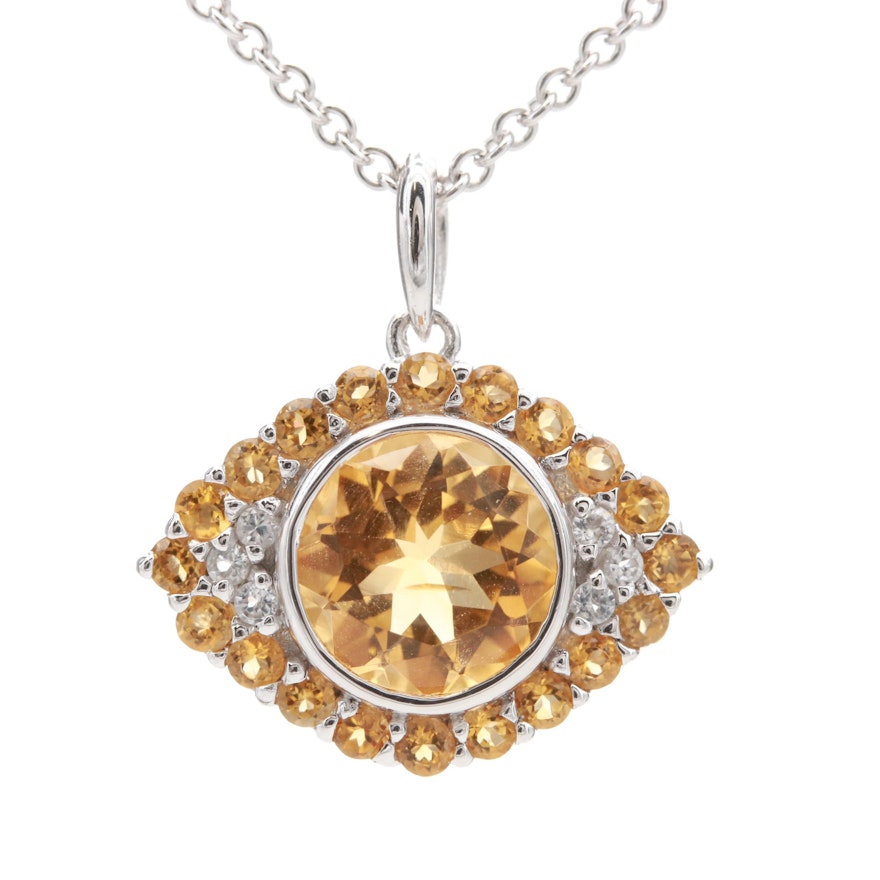 Sterling Silver Citrine and White Topaz "Evil Eye" Pendant Necklace