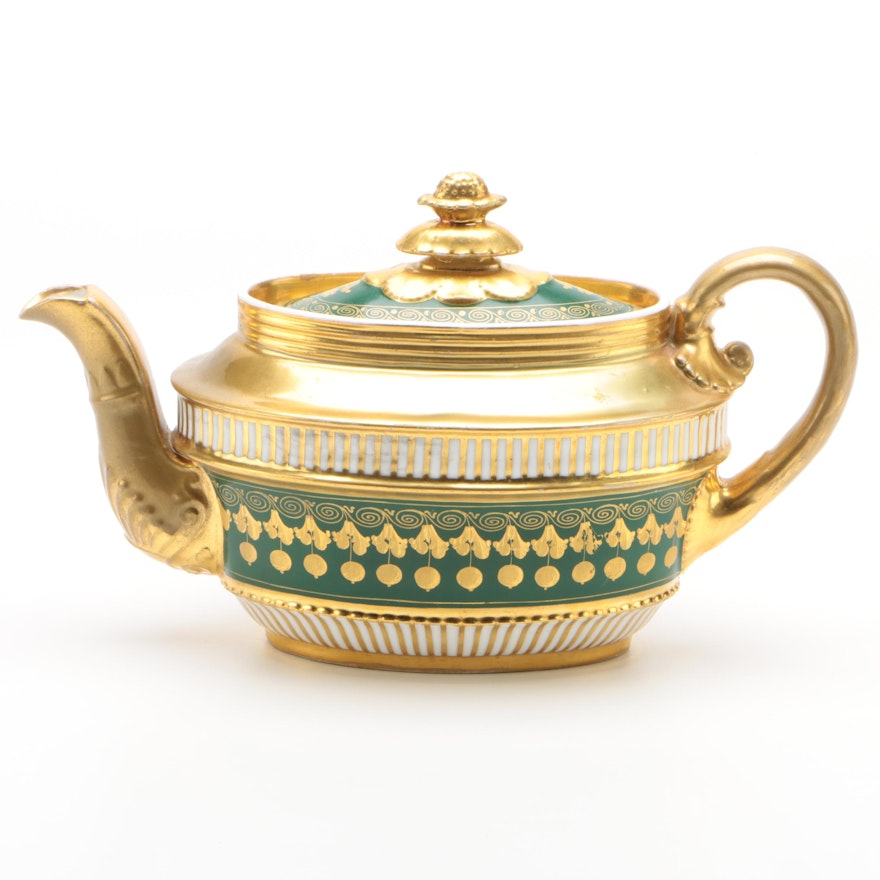 French Green Ground and Gilded Porcelain Teapot 1820-40