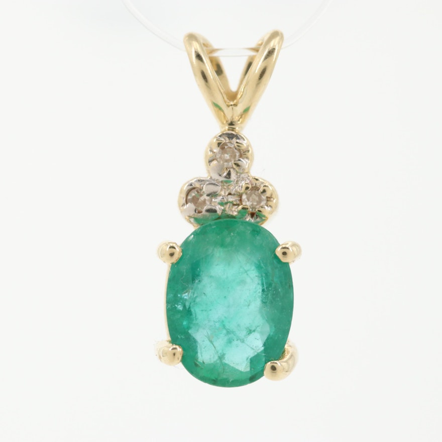 14K Yellow Gold Emerald and Diamond Pendant