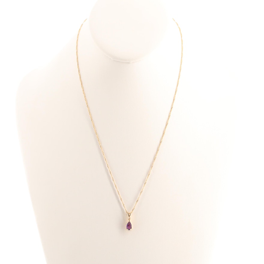 14K Yellow Gold Amethyst and Diamond Pendant Necklace