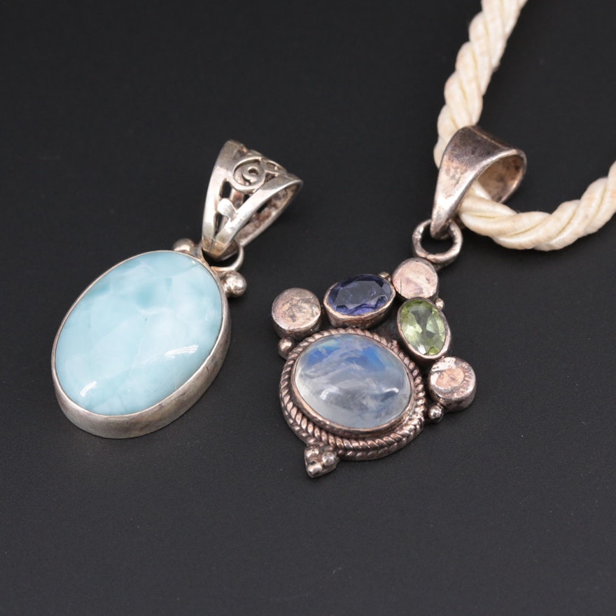 Sterling Pendants on Cord Necklace with Larimar, Labradorite, Peridot and Iolite