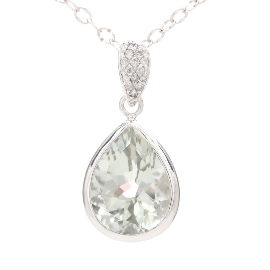 Sterling Silver Diamond and Prasiolite Pendant Necklace