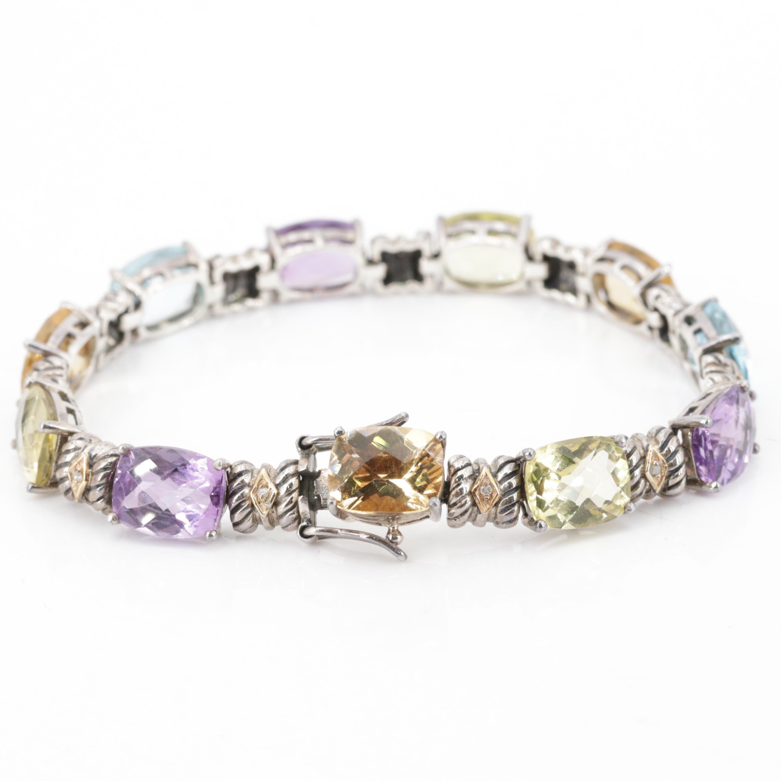Sterling Silver Multi-Gemstone Bracelet with Diamonds, 14K Yellow Gold Accents