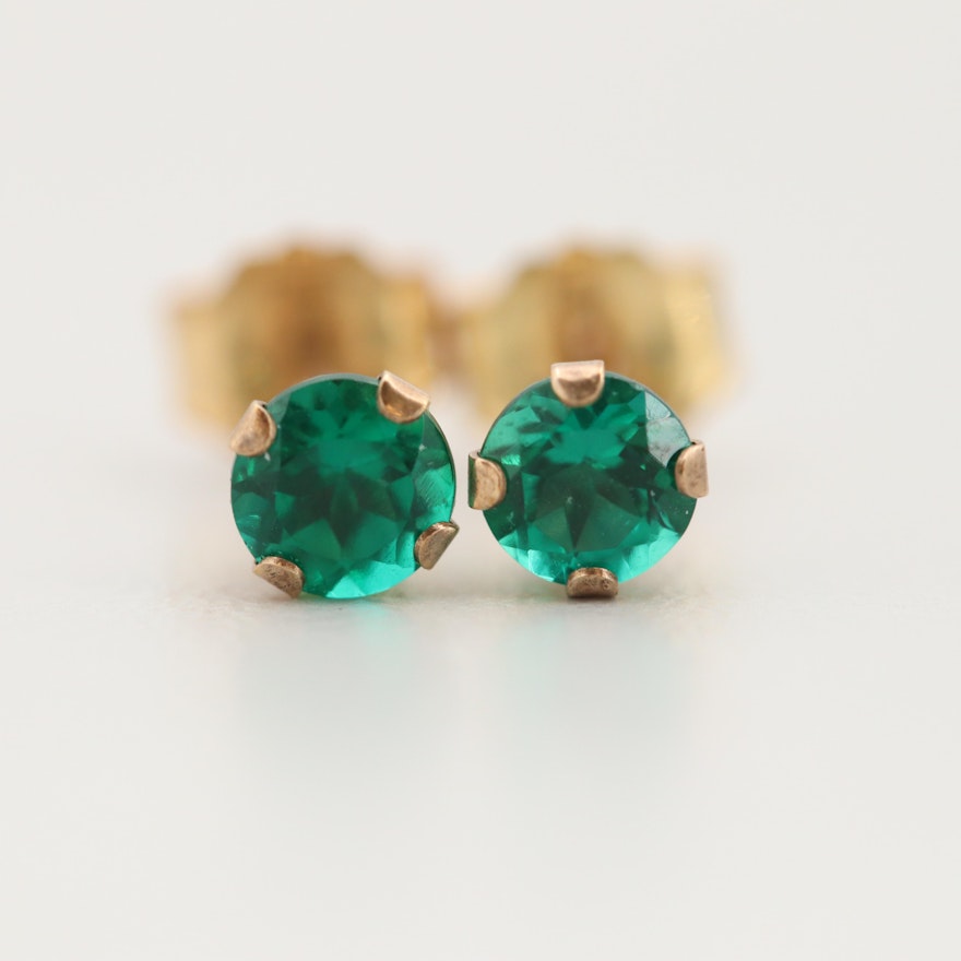 10K Yellow Gold Synthetic Emerald Stud Earrings