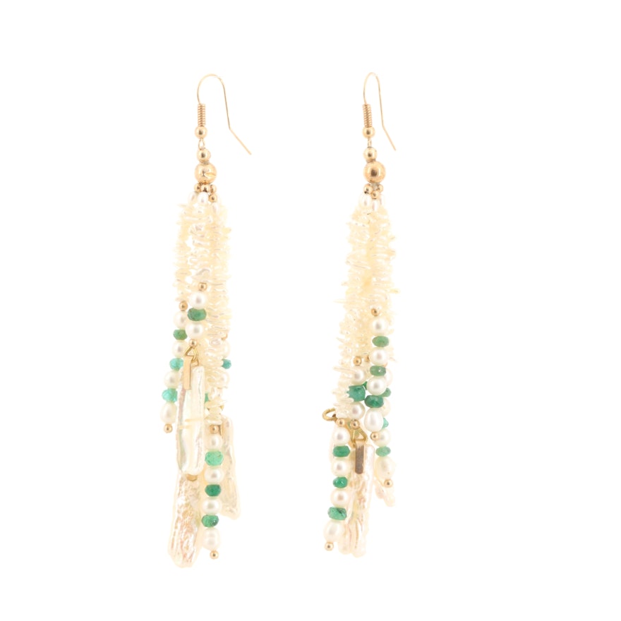 14K Yellow Gold Cultured Pearl and Emerald Tassel Earrings