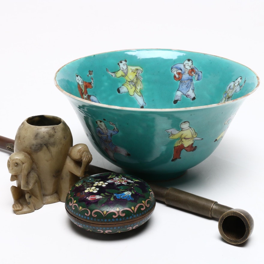 Chinese Soapstone Inkwell, Cloisonné Trinket Box, Porcelain Bowl and Pipe
