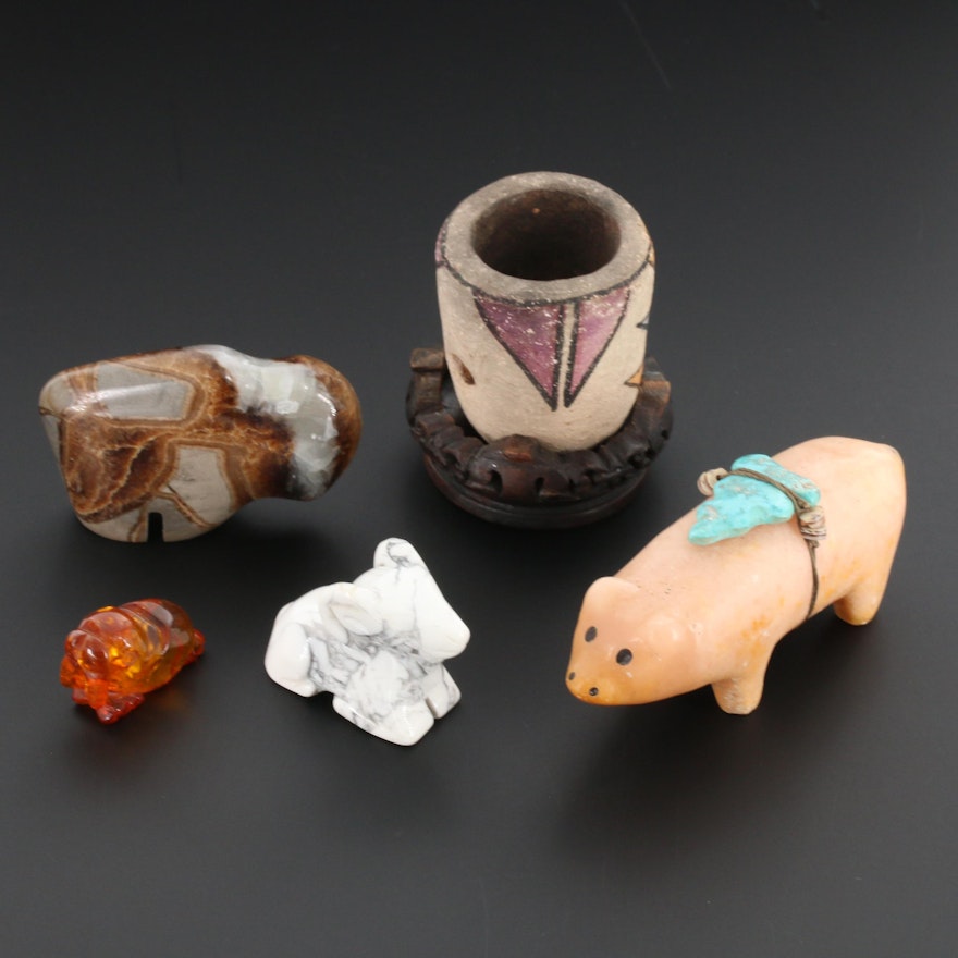 Assorted Carved Animals from Gemstones Including Amber and Magnesite