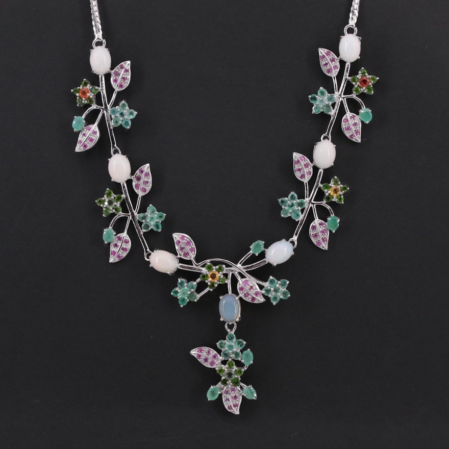 Sterling Silver Emerald, Ruby, Opal and Diopside Floral Necklace