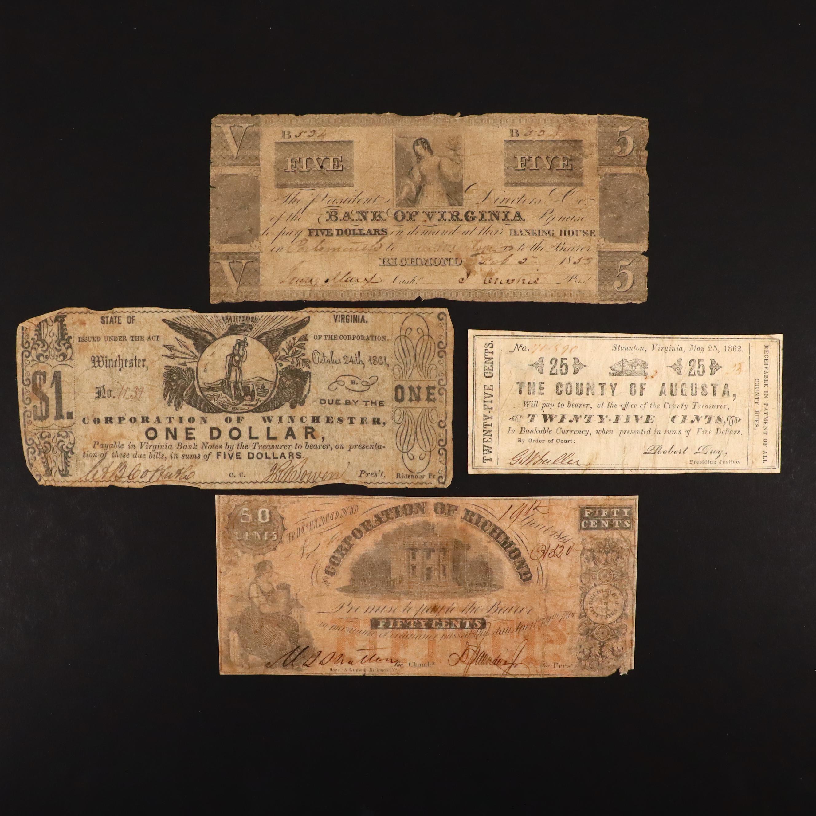 Four Different Circa 1860 Virginia Obsolete Currency Notes