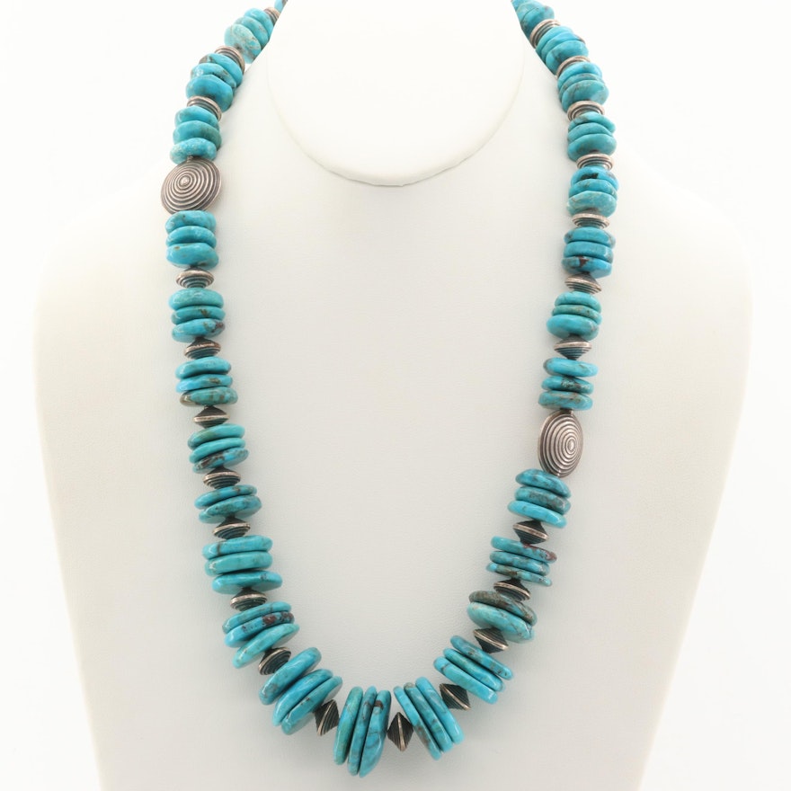 Southwestern Sterling Silver Turquoise Beaded Necklace