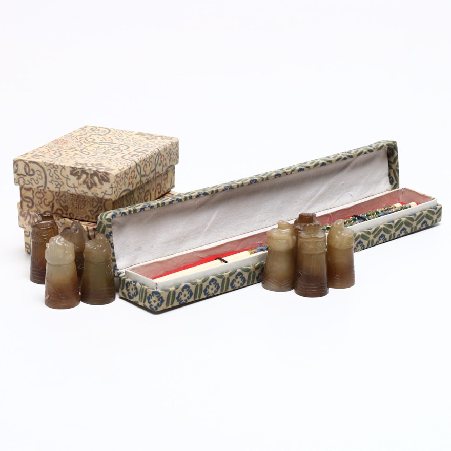 Chinese Diminutive Soapstone Figurines and Bone Chopsticks