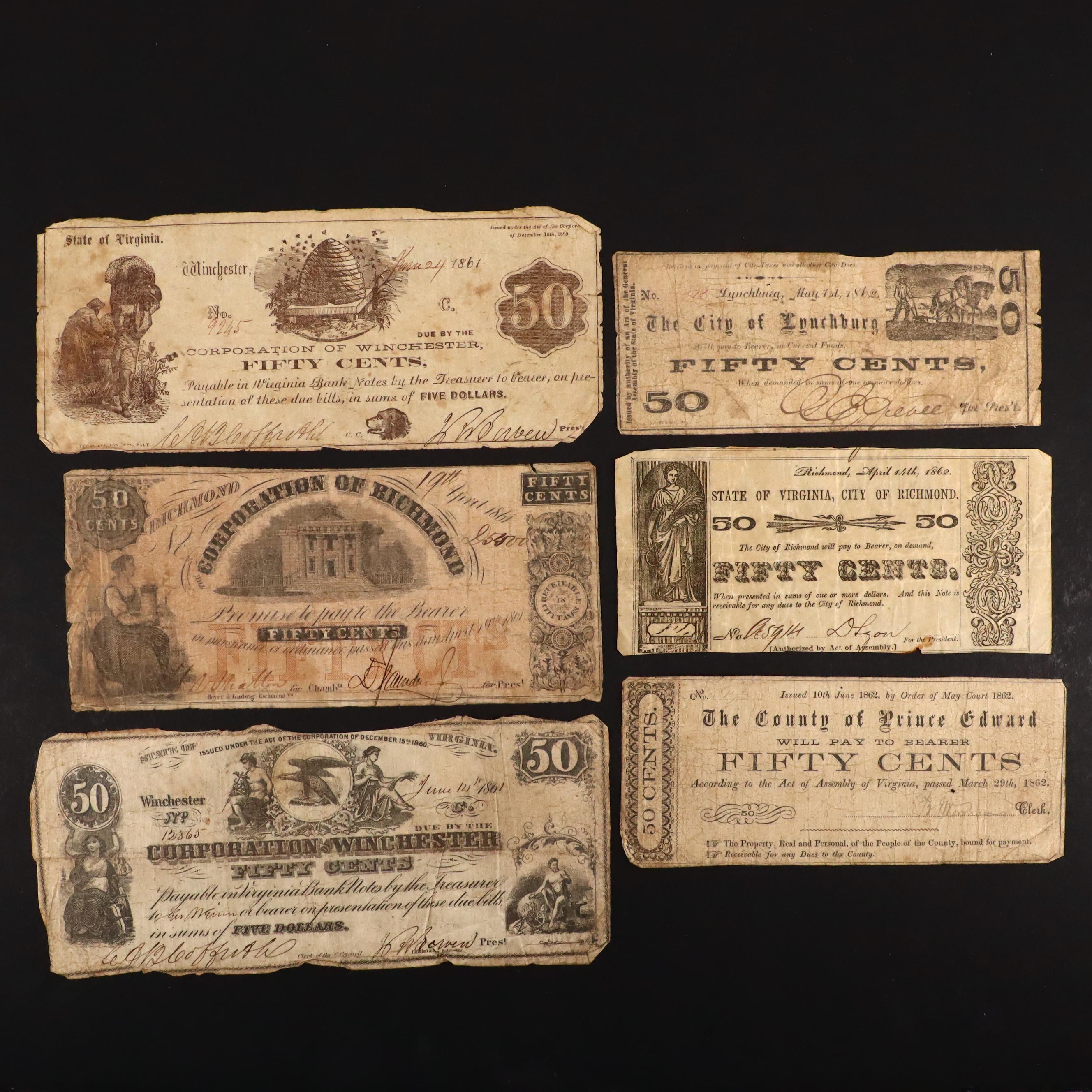 Six Circa 1860 Virginia Fifty Cent Currency Notes