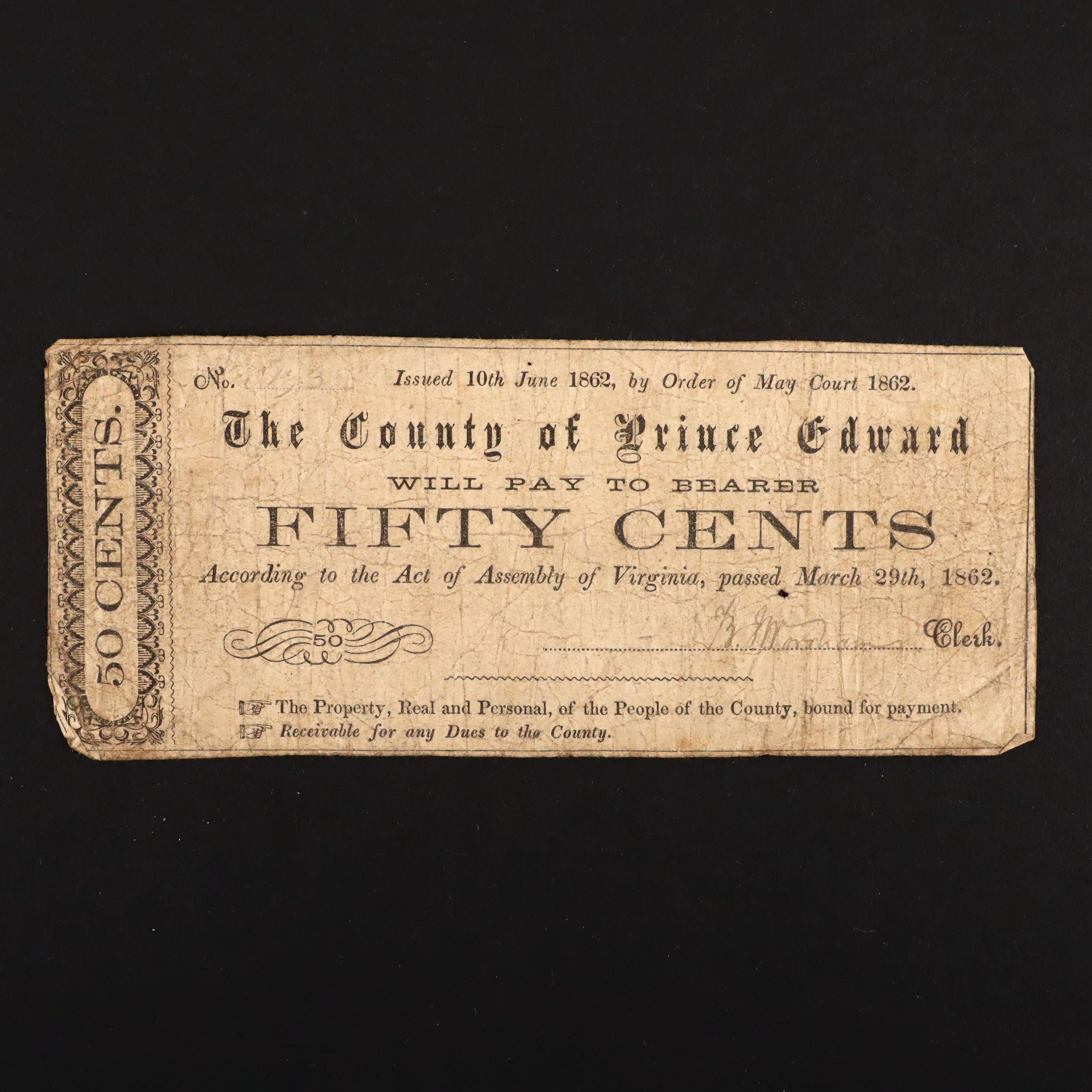 Six Circa 1860 Virginia Fifty Cent Currency Notes