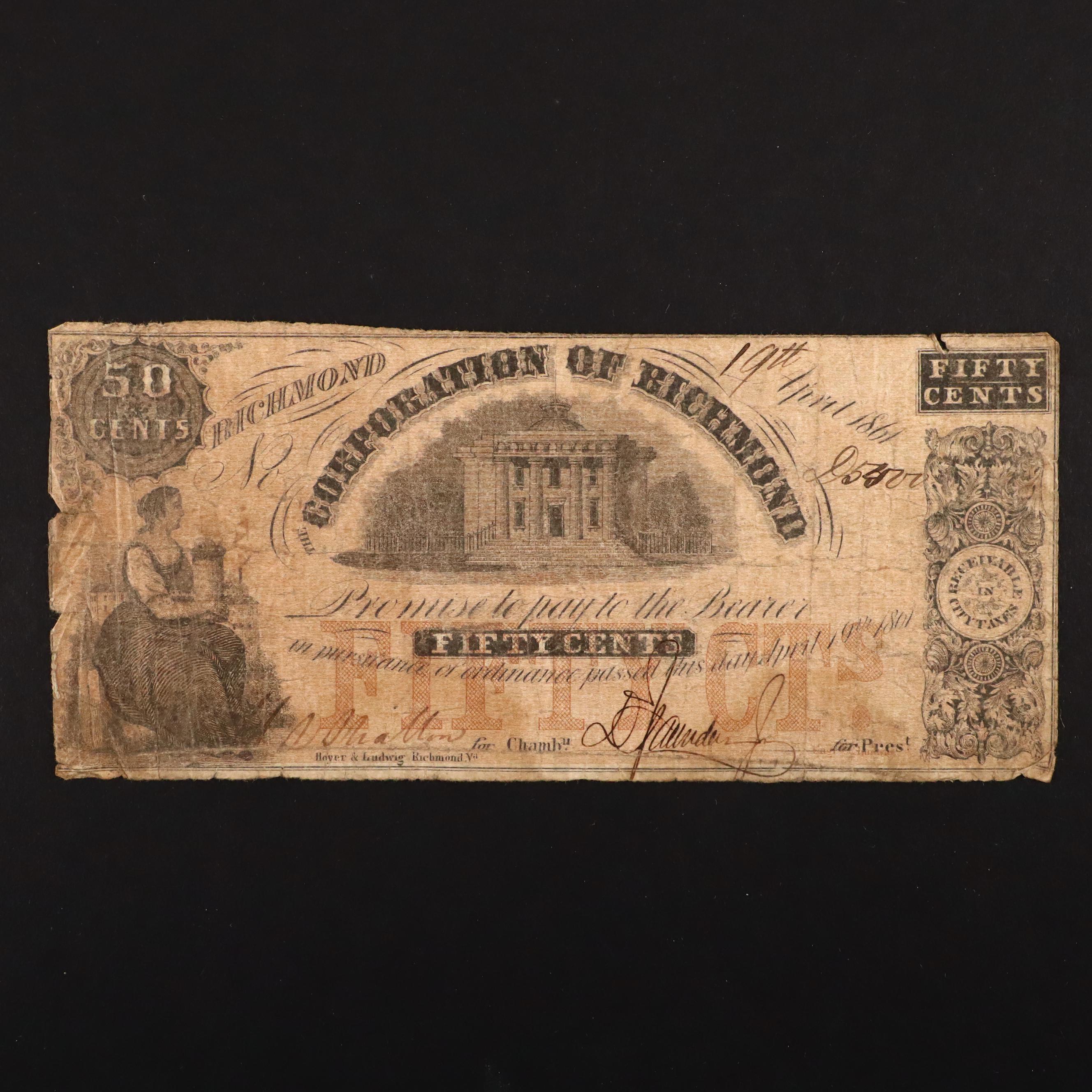 Six Circa 1860 Virginia Fifty Cent Currency Notes