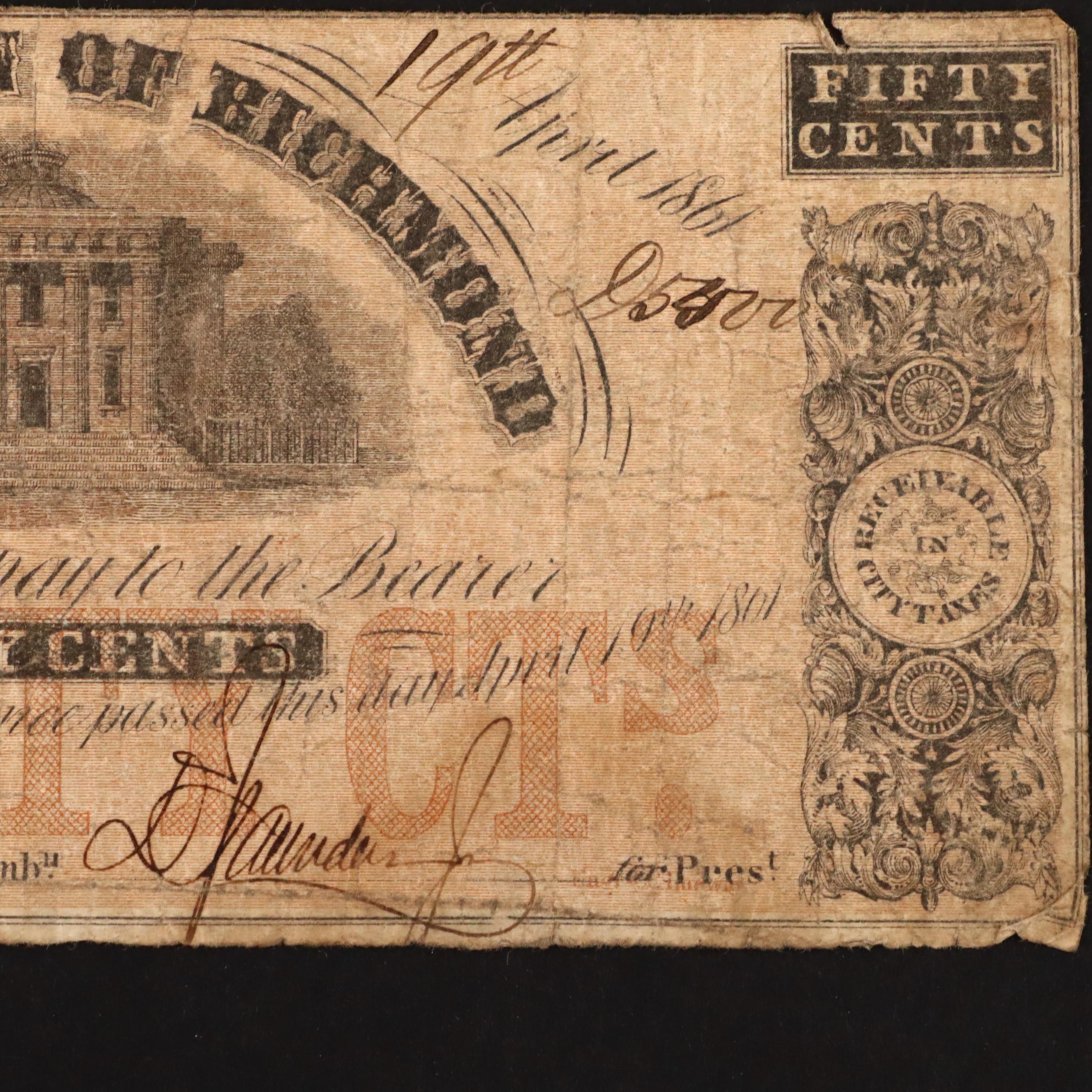 Six Circa 1860 Virginia Fifty Cent Currency Notes