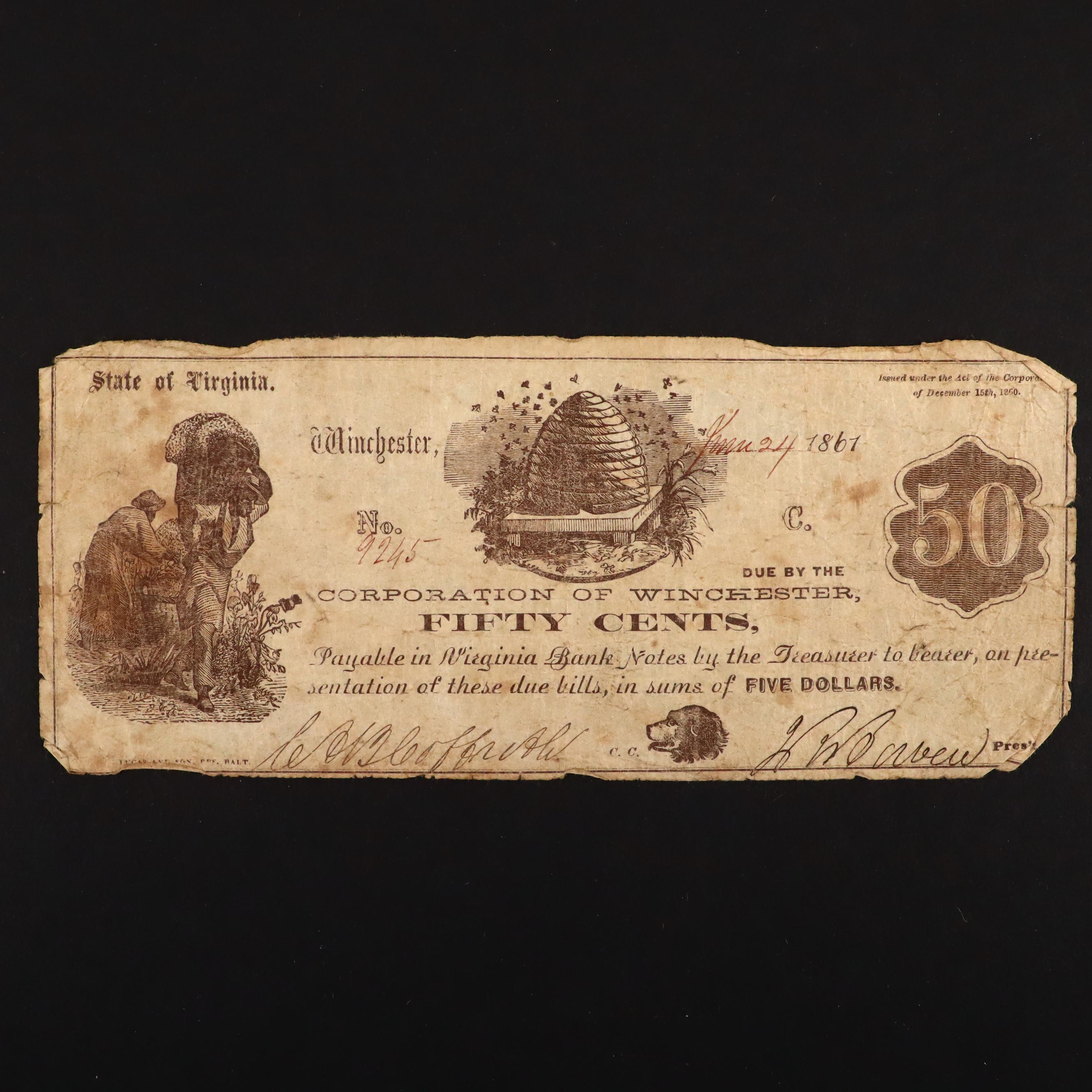 Six Circa 1860 Virginia Fifty Cent Currency Notes
