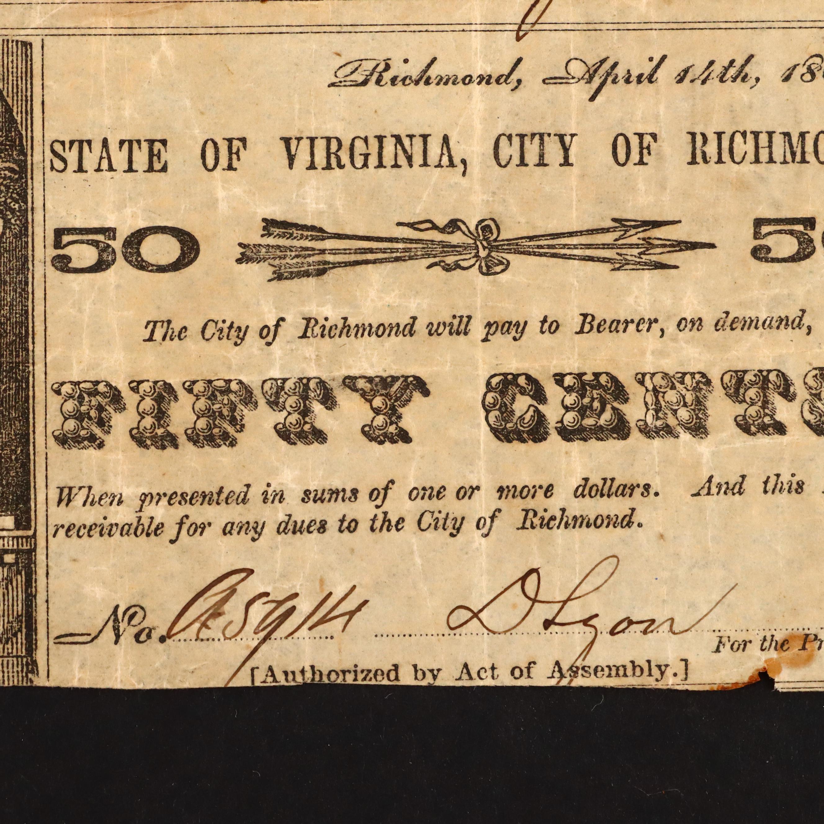 Six Circa 1860 Virginia Fifty Cent Currency Notes