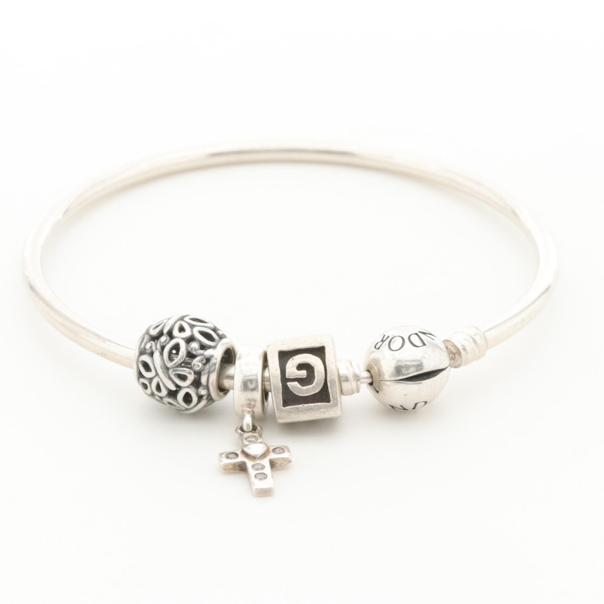 Pandora Sterling Silver Charm Bracelet Including Cubic Zirconia Cross Charm