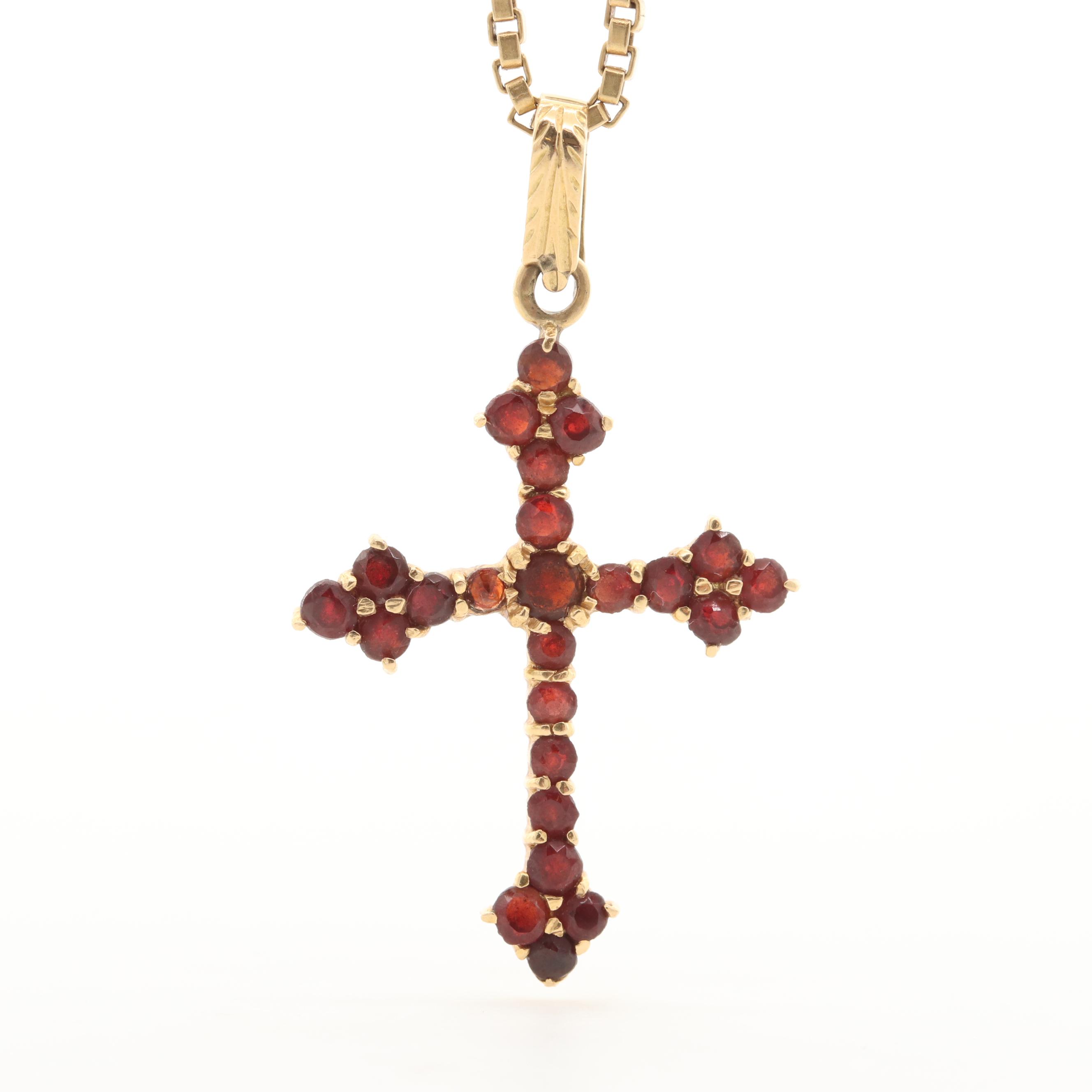 18K Yellow Gold Garnet Cross Pendant Necklace