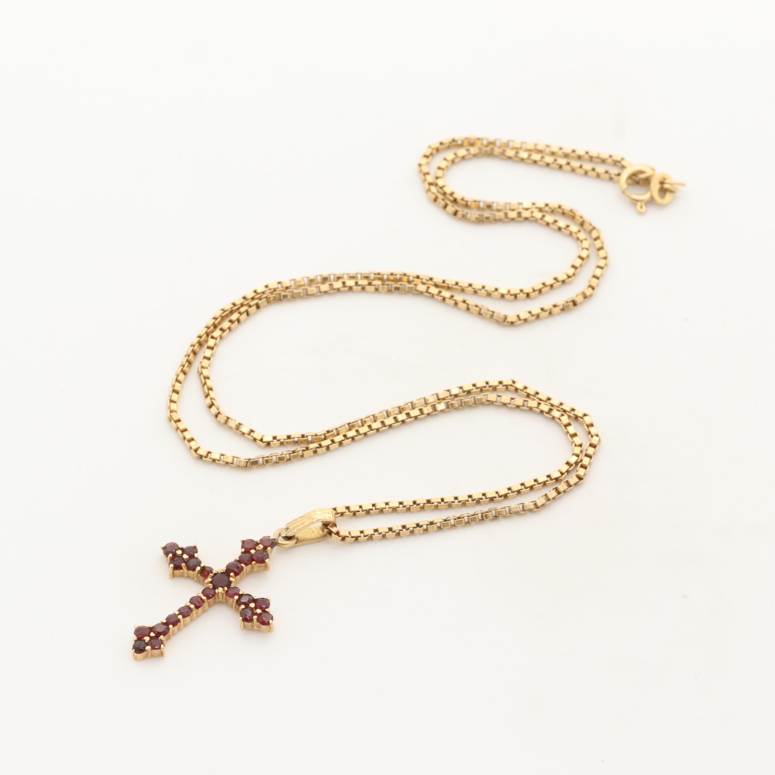 18K Yellow Gold Garnet Cross Pendant Necklace