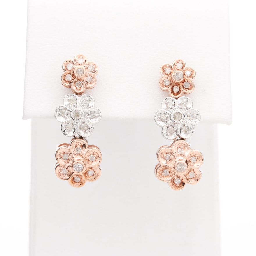 10K White and Rose Gold Diamond Floral Earrings