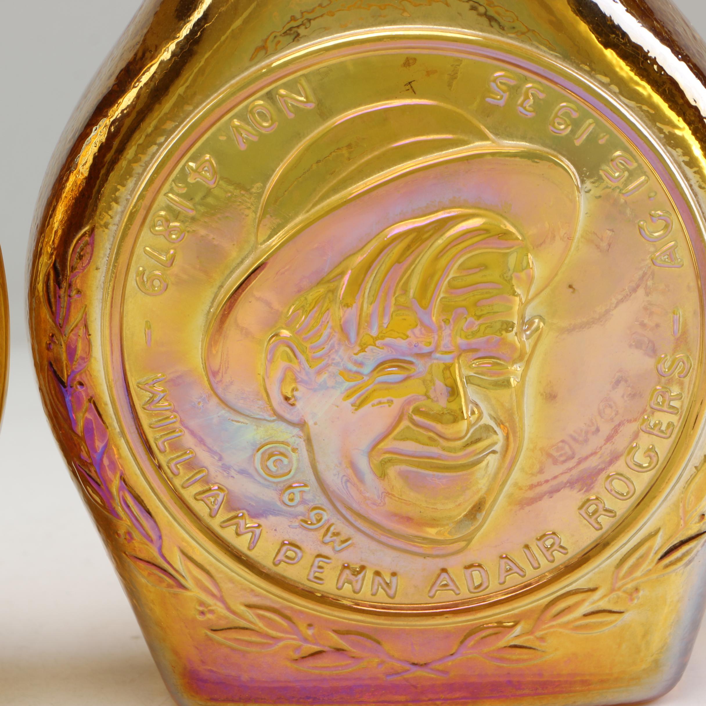 Wheaton Glass "Will Rogers" and "Abraham Lincoln" Iridescent Bottles