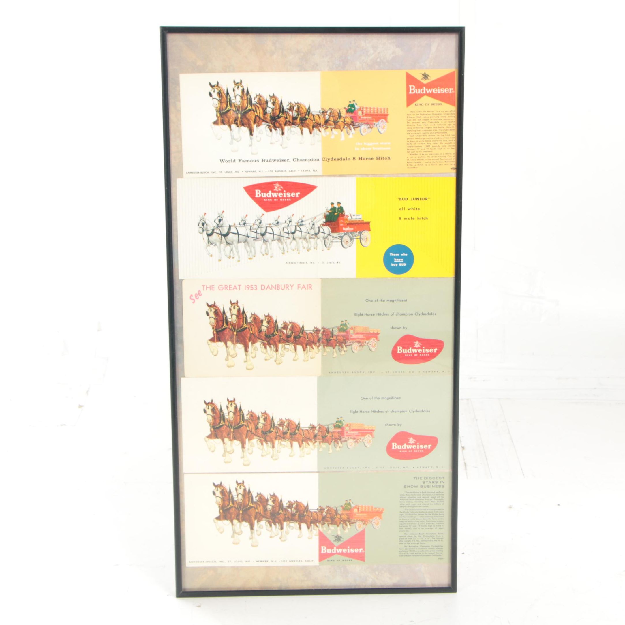 Framed Budweiser Clydesdale Horses Foldout Postcards, Vintage