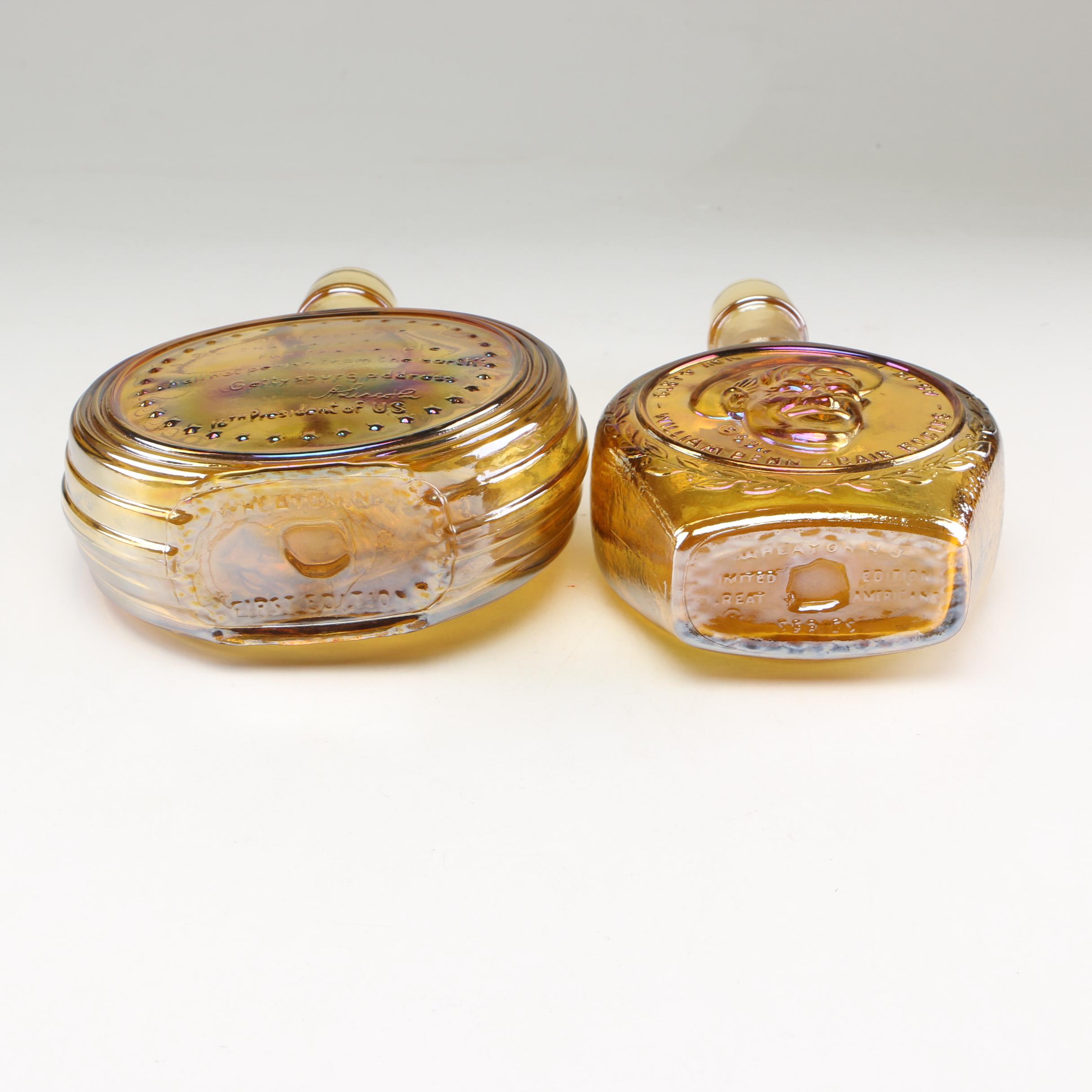 Wheaton Glass "Will Rogers" and "Abraham Lincoln" Iridescent Bottles
