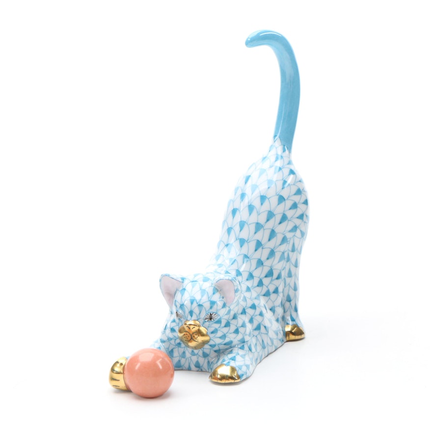 Herend Turquoise with Gold "Cat with Ball" Porcelain Figurine