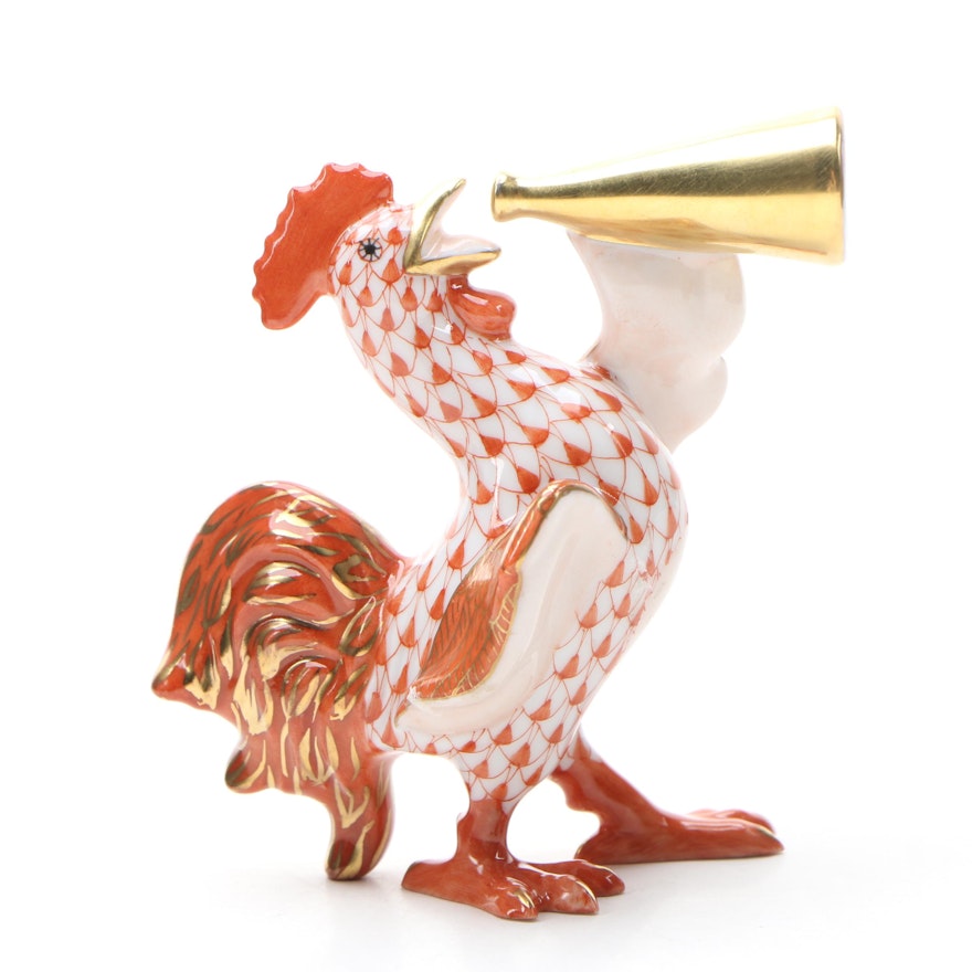 Herend Rust Fishnet with Gold "Crowing Rooster" Porcelain Figurine