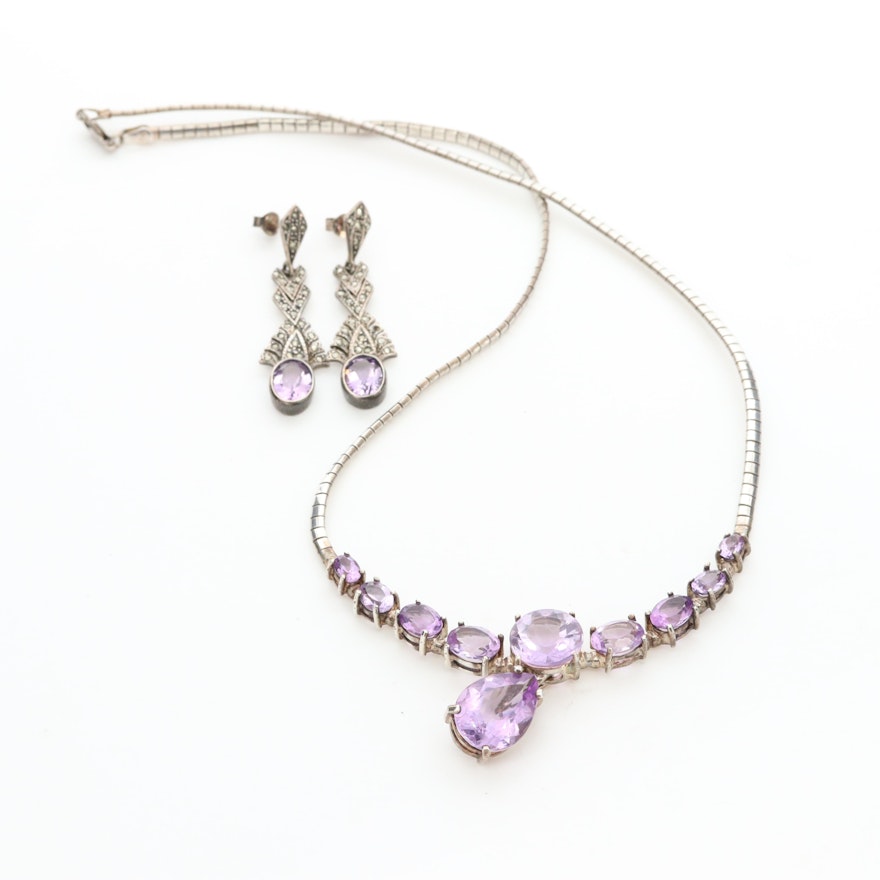 Sterling Silver Amethyst Necklace and Earrings with Marcasite Accents