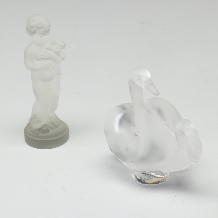 Lalique Frosted Crystal "Deux Cygnes" Letter Seal and Cherub Figurine