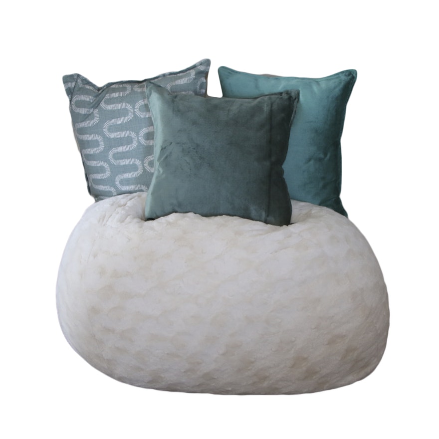 Cream Faux Fur Bean Bag Chair with Three Throw Pillows