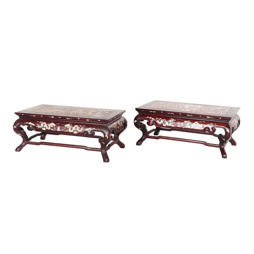 Chinese Abalone Inlay Footstools with Granite Tops, Vintage