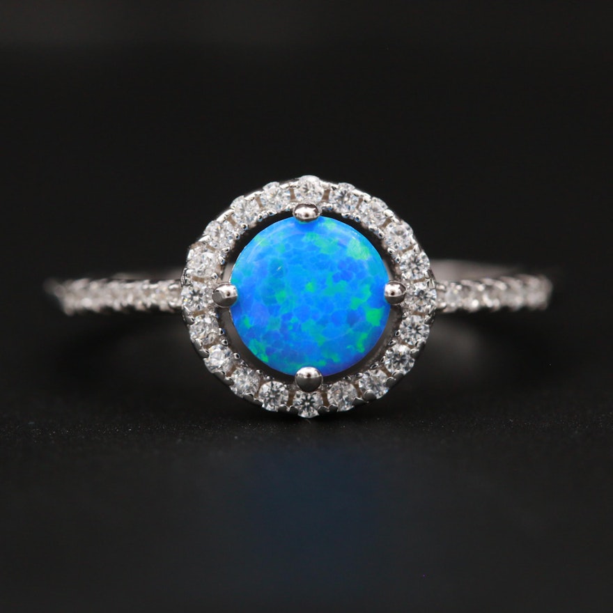 Sterling Silver Opal and Cubic Zirconia Ring