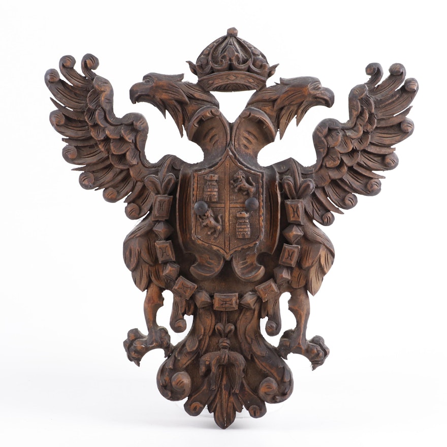 Carved Wood Heraldic Shield Wall Decor, Vintage