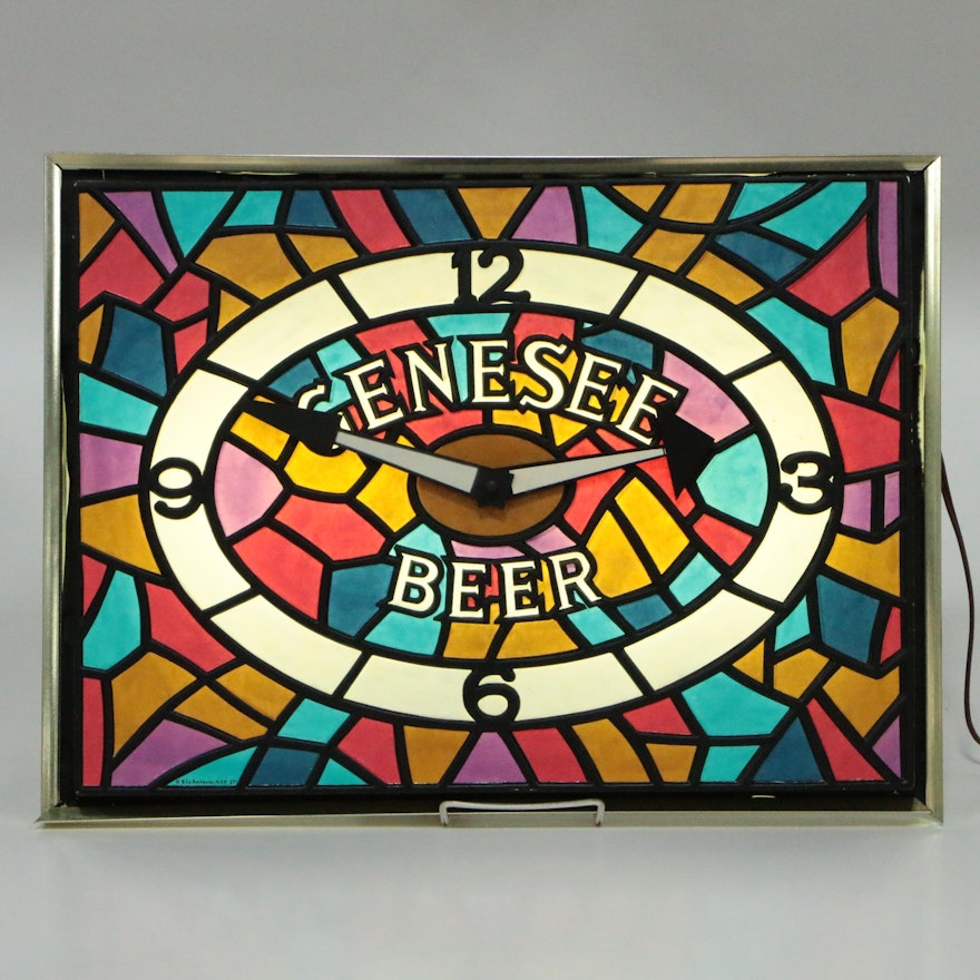 Genesee Beer Stained Glass Style Illuminated Bar Display Clock, Vintage