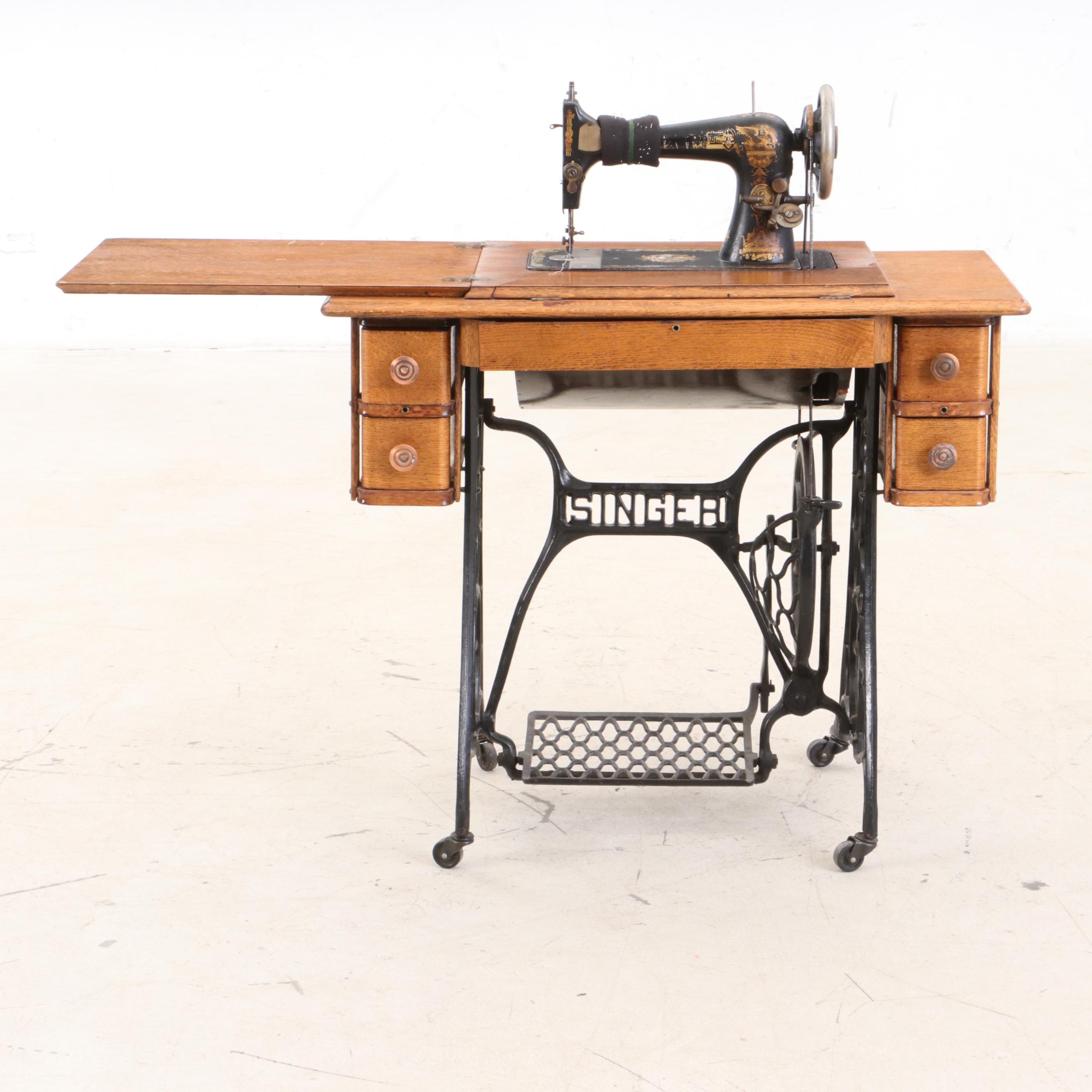 Oak Singer Sewing Machine and Sewing Accessories, Patented 1891